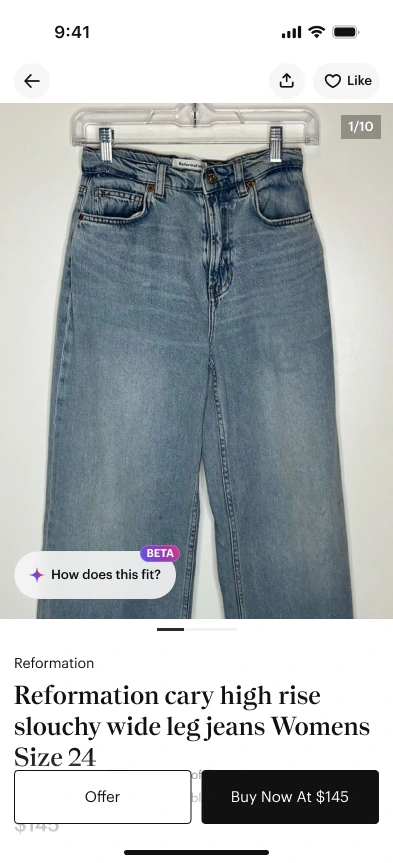 Poshmark listing for a pair of jeans with a 'How does this fit?' entry point over the product photo