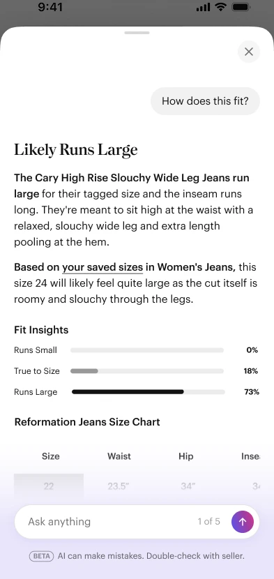 Size & Fit AI panel — 'Likely Runs Large' verdict, fit insight bars, and a brand size chart with the shopper's saved size highlighted