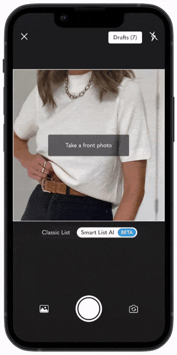 Smart List AI — animated walkthrough of the seller flow: camera, photo angles, generated preview, configurator, ready to post