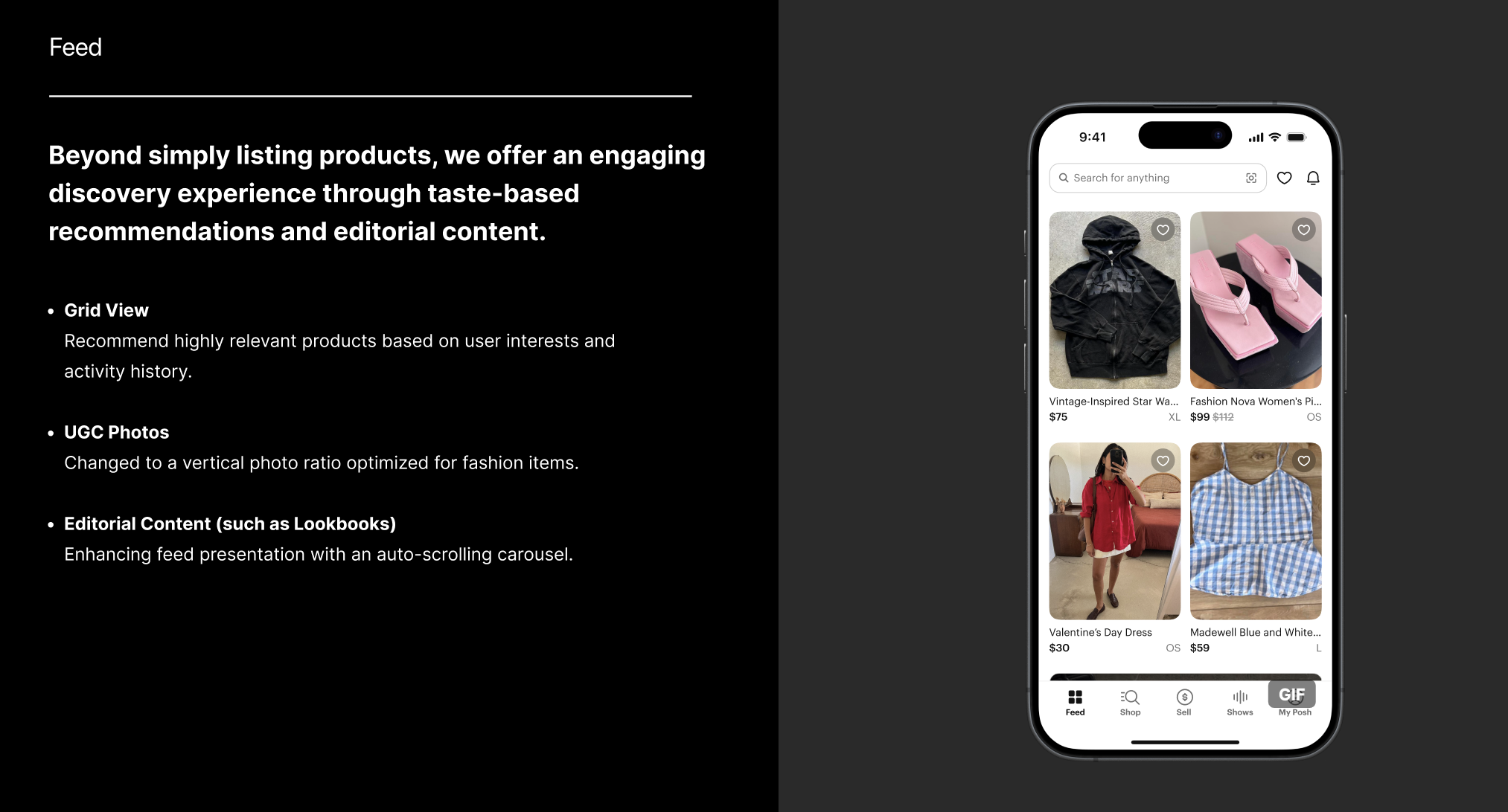 New Poshmark feed — mix of product grid, UGC, and lookbook units on iPhone
