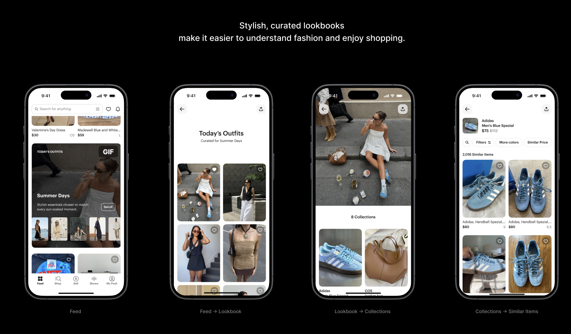 Poshmark app redesign — four iPhone screens showing the new Feed, Lookbook, Collections, and Similar Items flow
