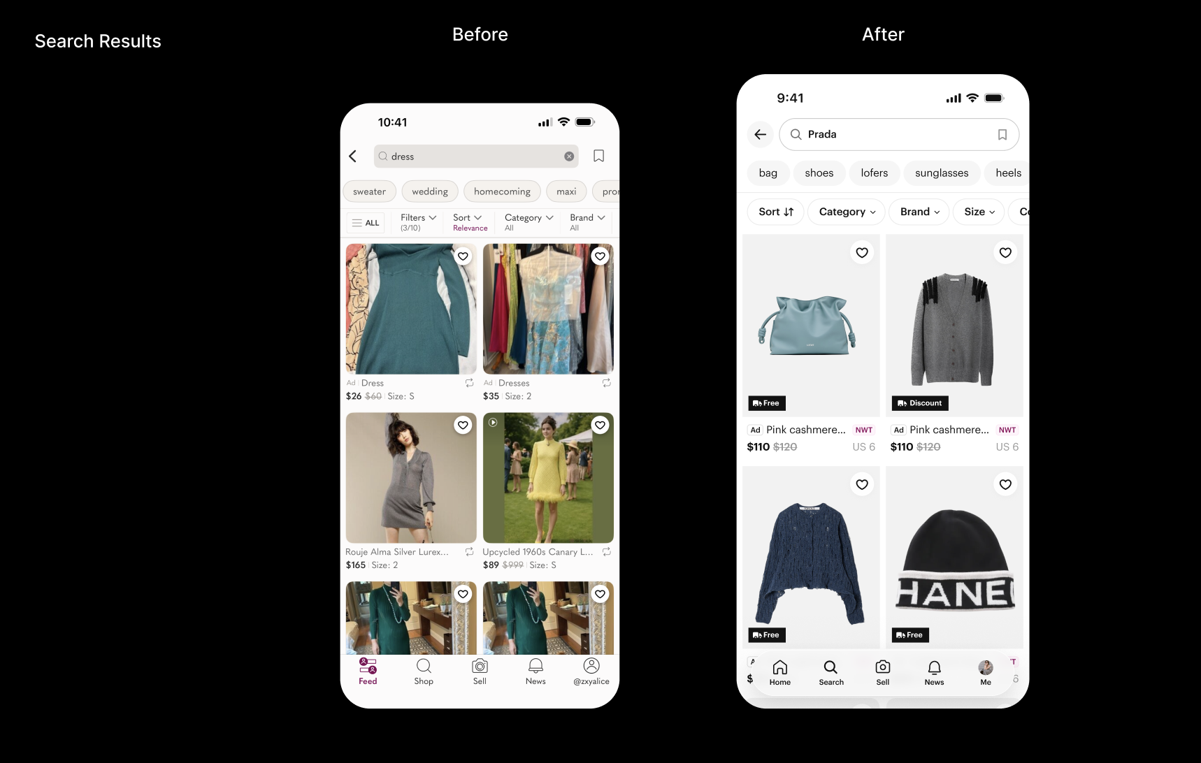 Poshmark search — before and after the redesign: legacy dense grid vs. new scannable layout