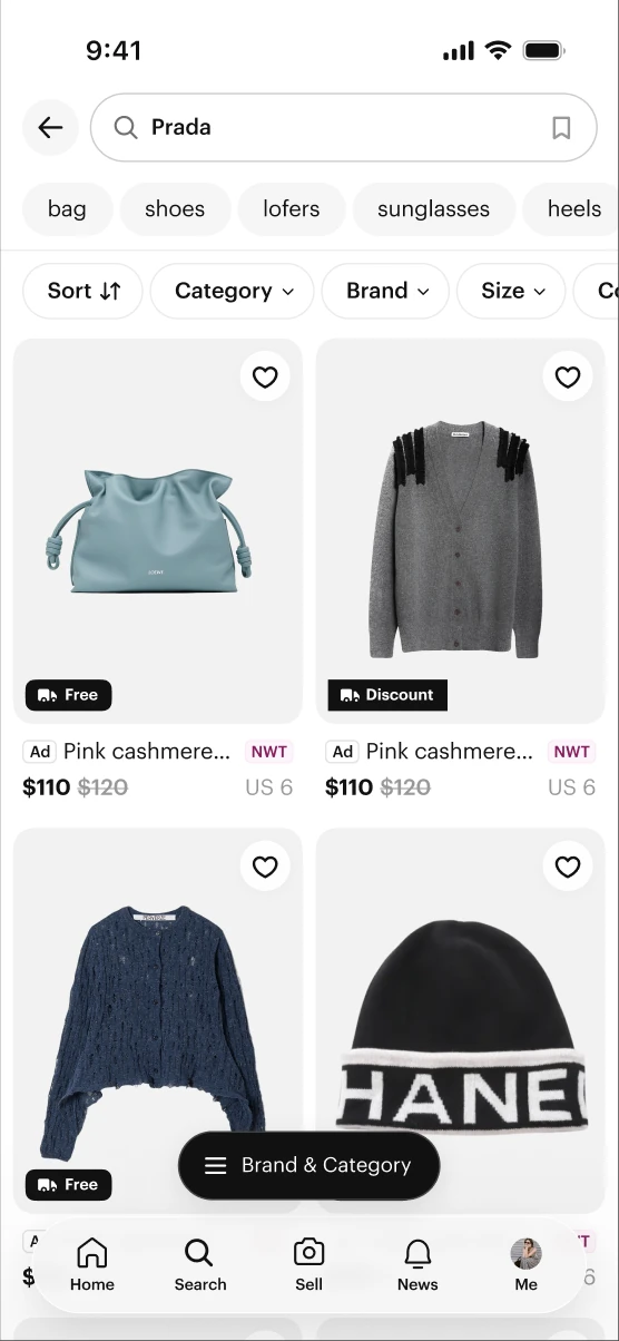 Search results with sort, category, brand and size chips