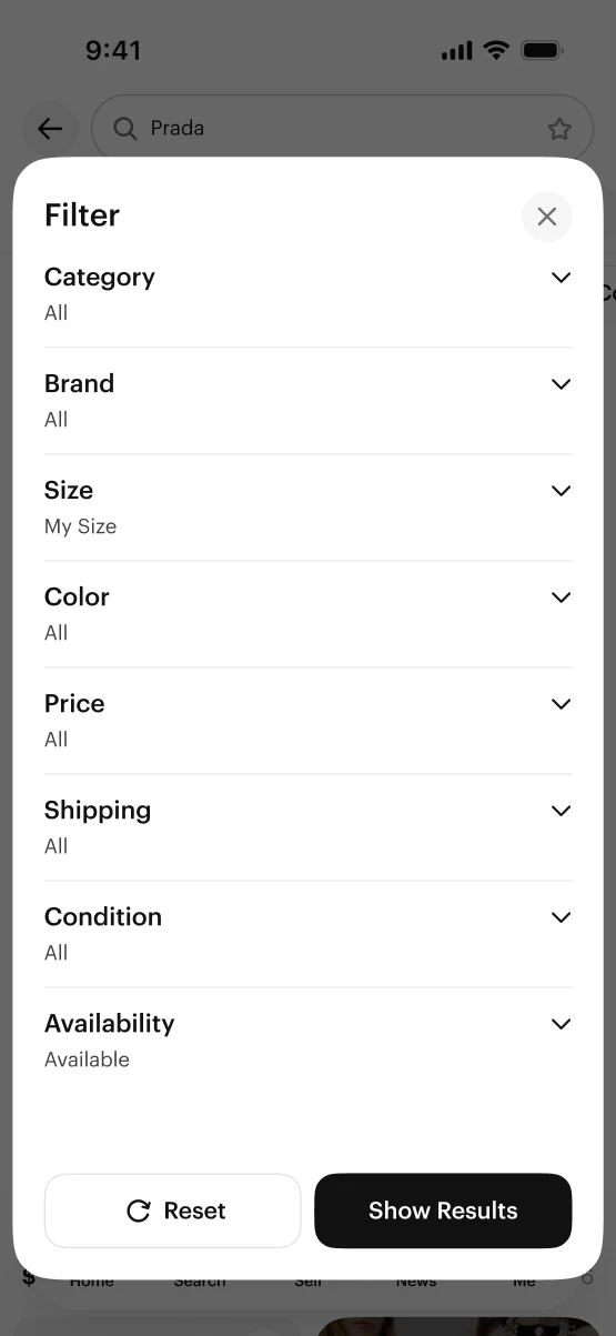 Filter sheet collapsed — every filter in one list