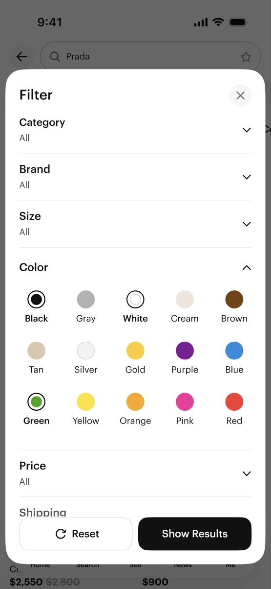 Filter sheet with the color section expanded