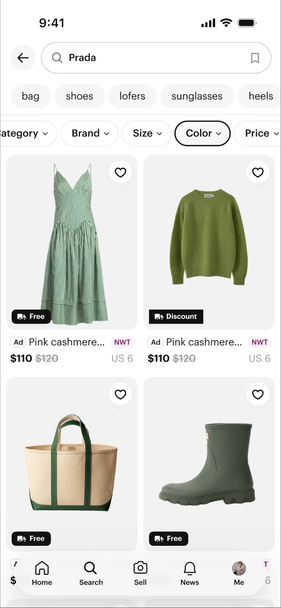 Search results with the Color chip applied