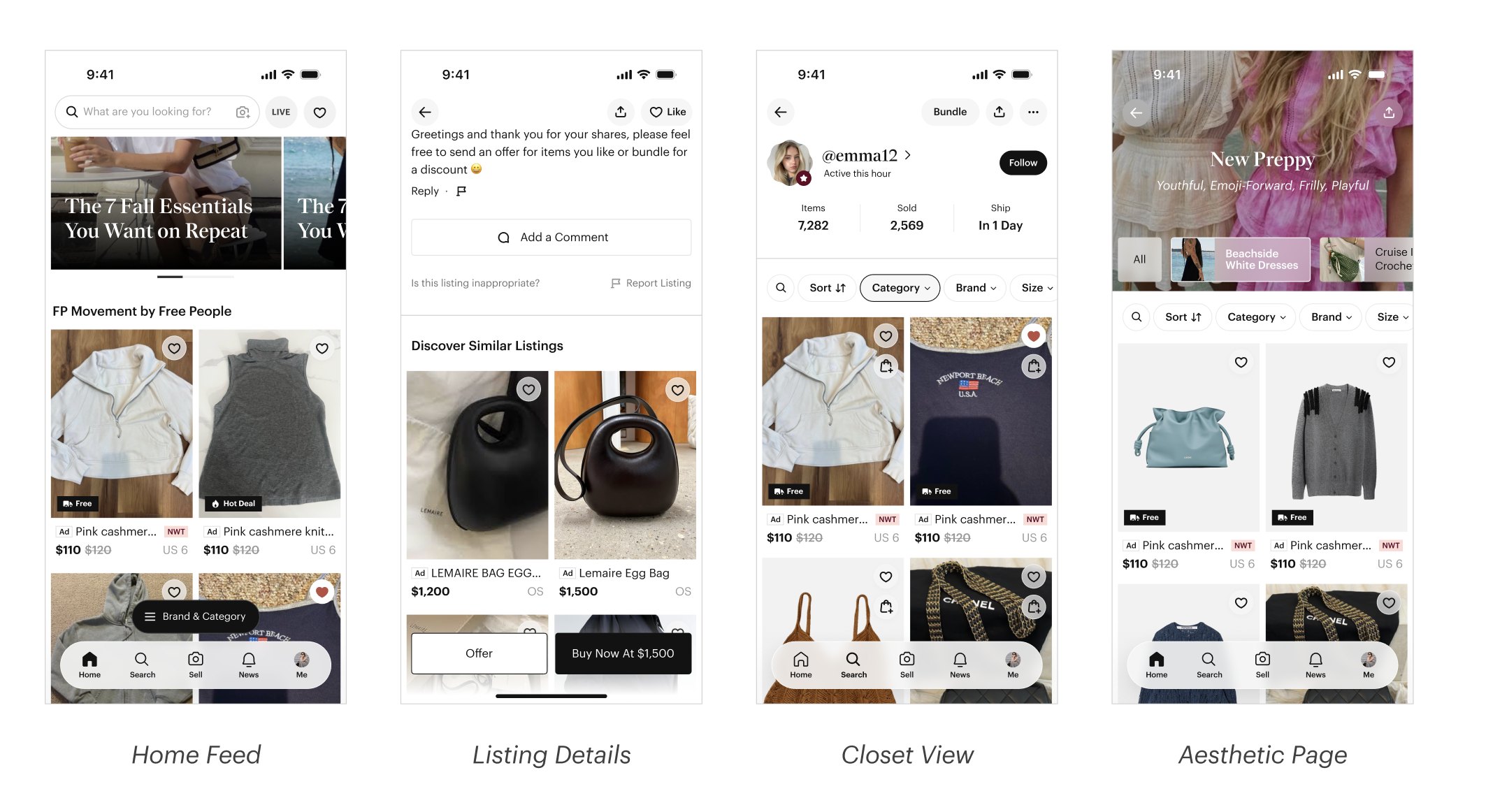 Grid design system applied app-wide — Home Feed, Listing Details, Closet View, and Aesthetic Page screens