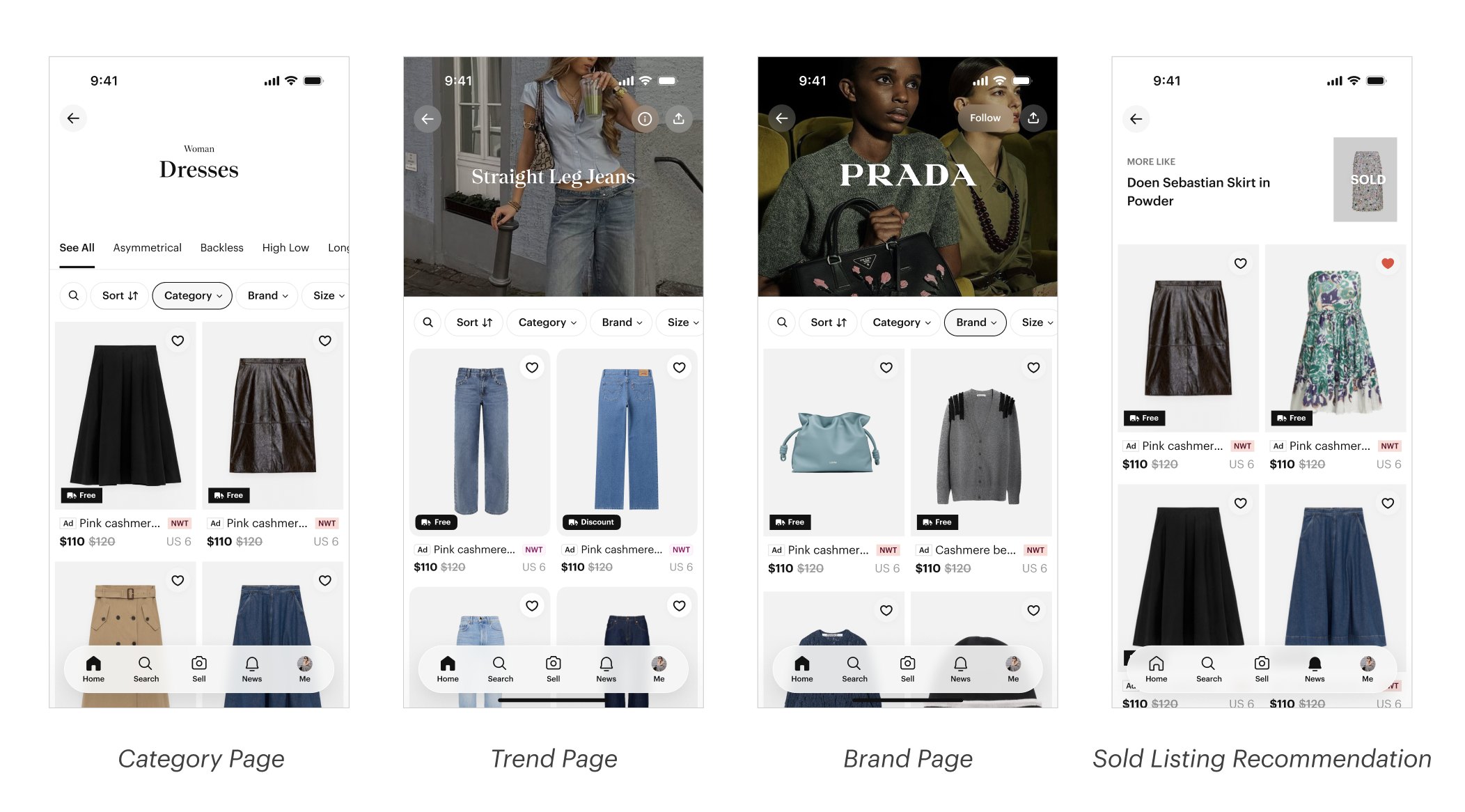 Grid design system applied app-wide — Category, Trend, Brand, and Sold Listing Recommendation pages