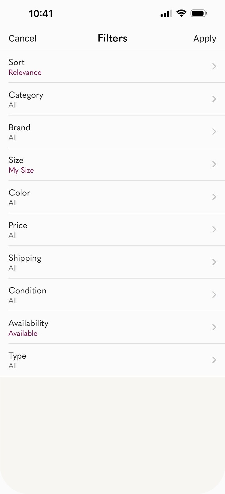 V1 filters panel — flattened list of sort, category, brand, size, color, price