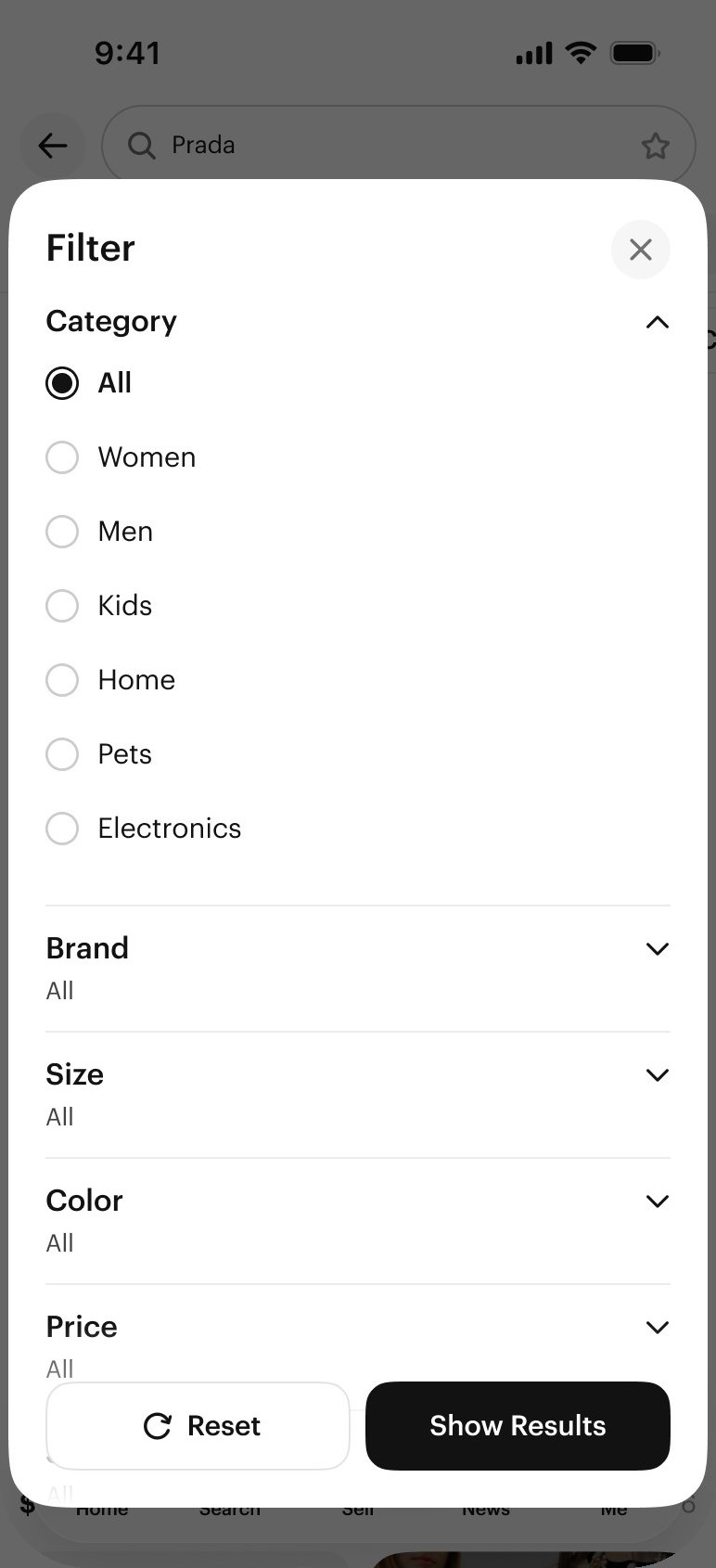 App redesign filter sheet — category, brand, size, color, price with Show Results