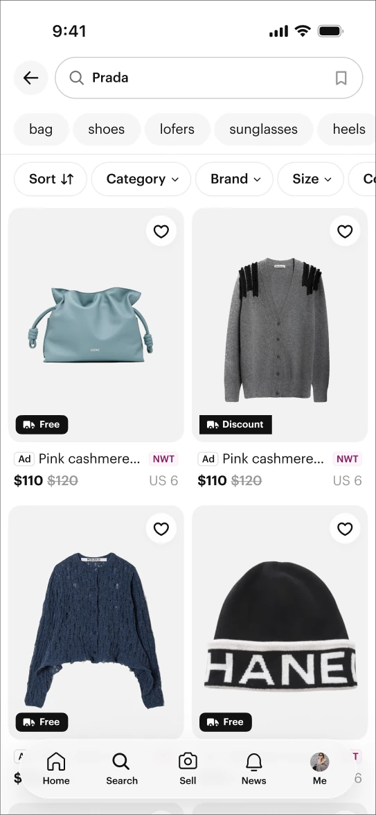 Search results for Prada with sort, category, brand and size chips