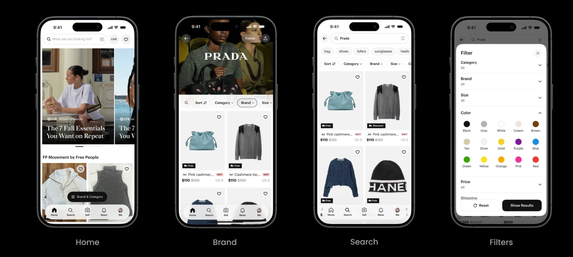 The redesigned Poshmark app — Home, Brand, Search and Filters