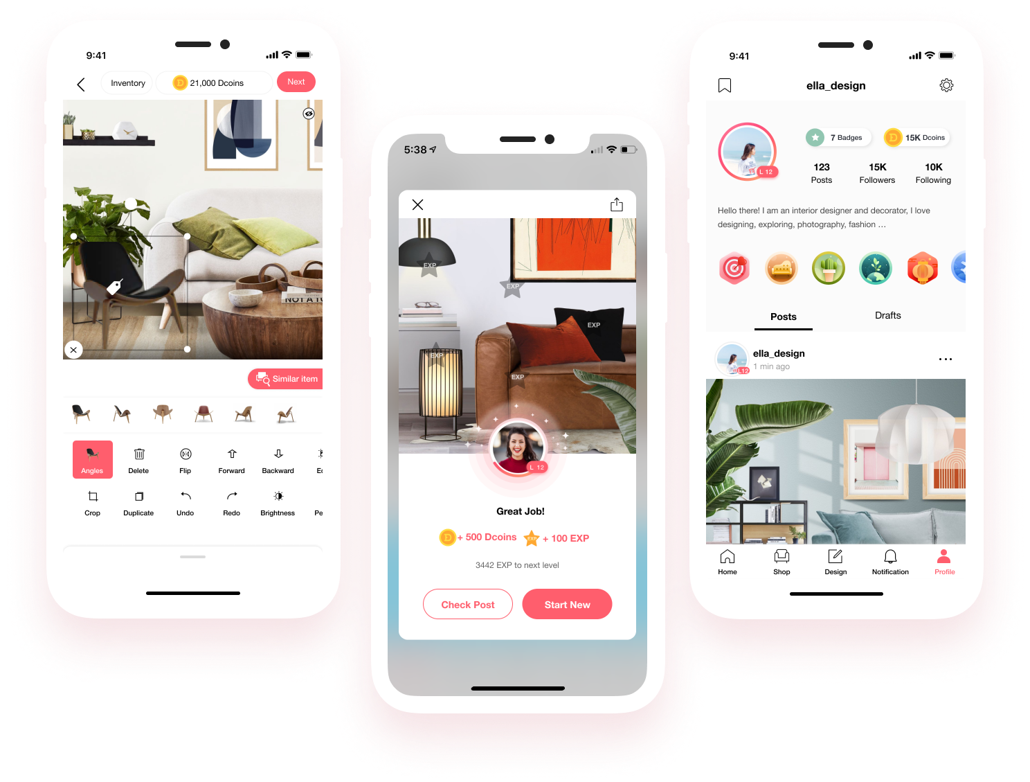 DecorMatters — three iPhone screens showing design editor, AR mode, and profile