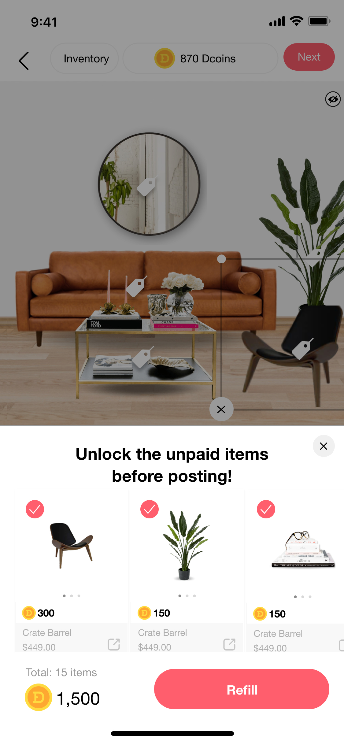 DecorMatters membership unlock and coin store — mobile UI