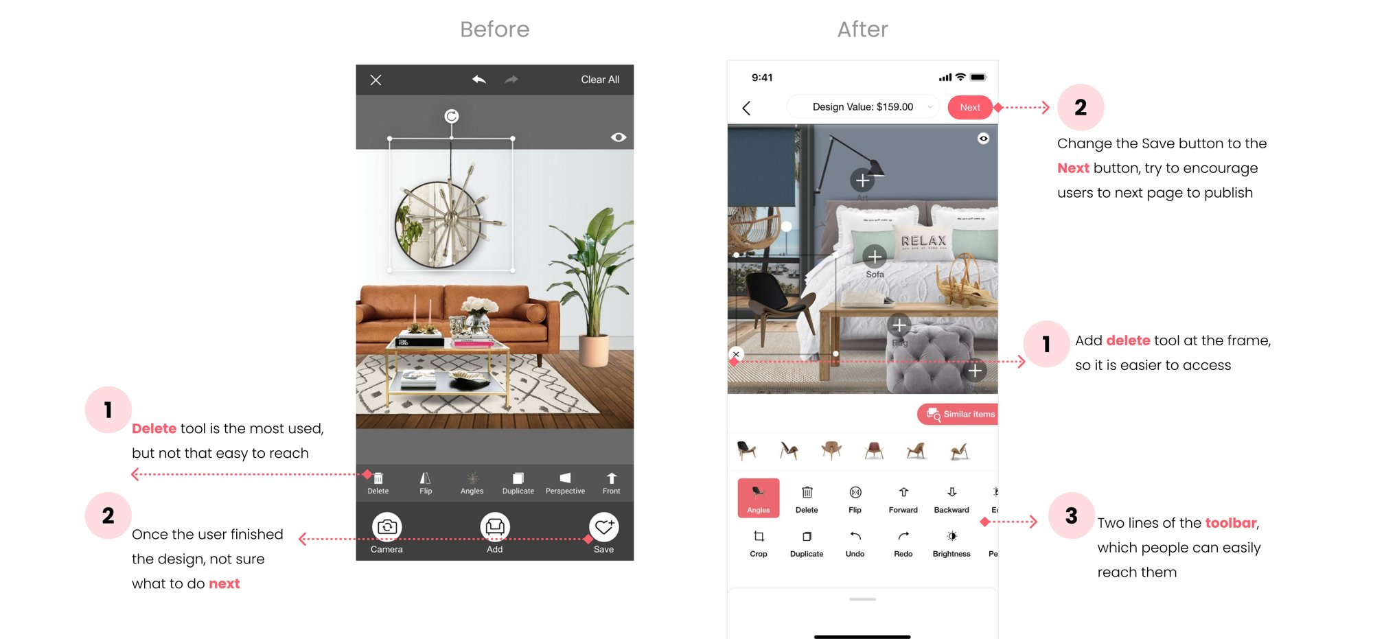 No.2 — make the design tools easy to use: delete at the frame, Save becomes Next, two-line toolbar