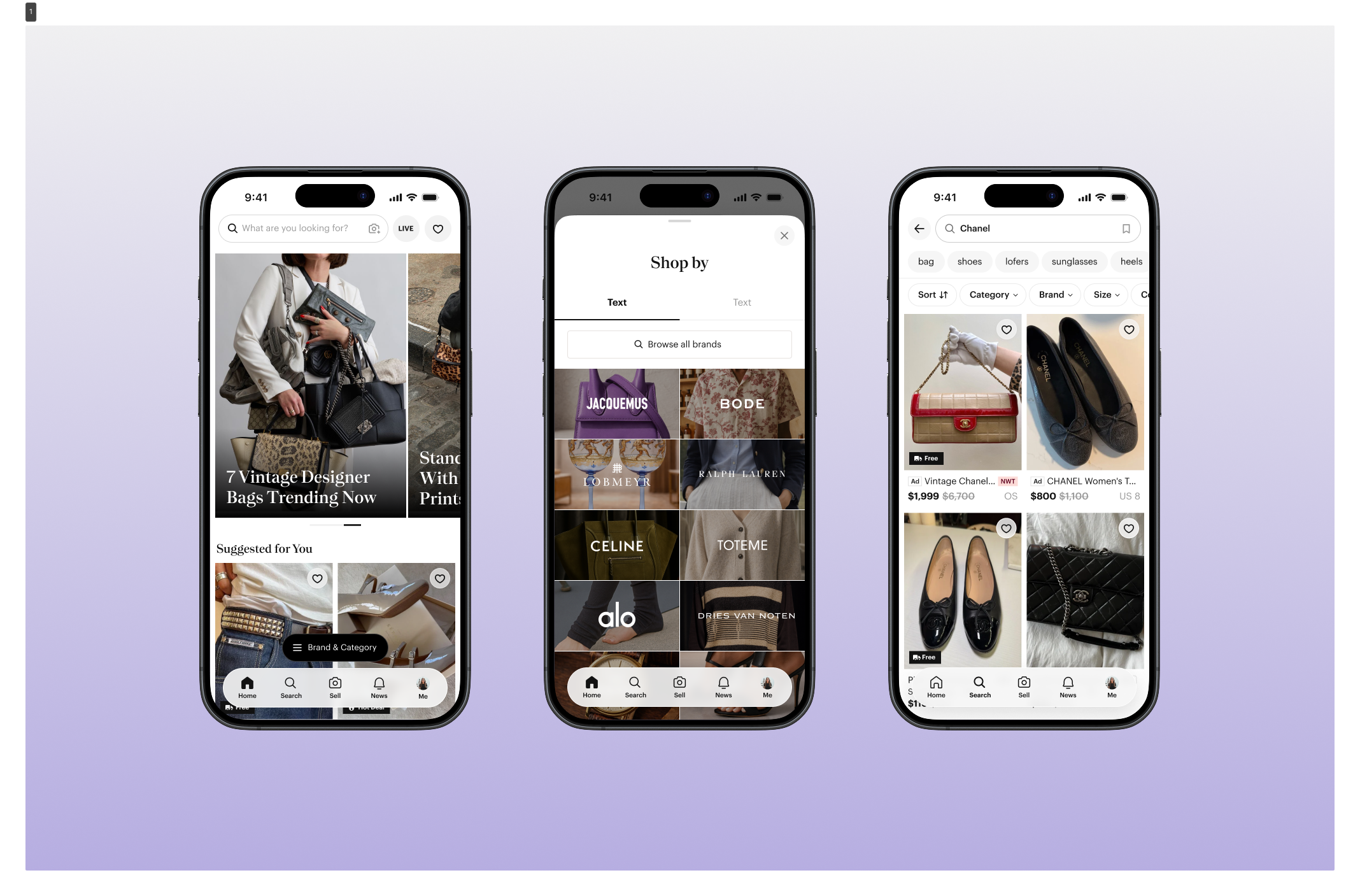 Poshmark redesigned app — three iPhones: home feed, shop by brand, search results
