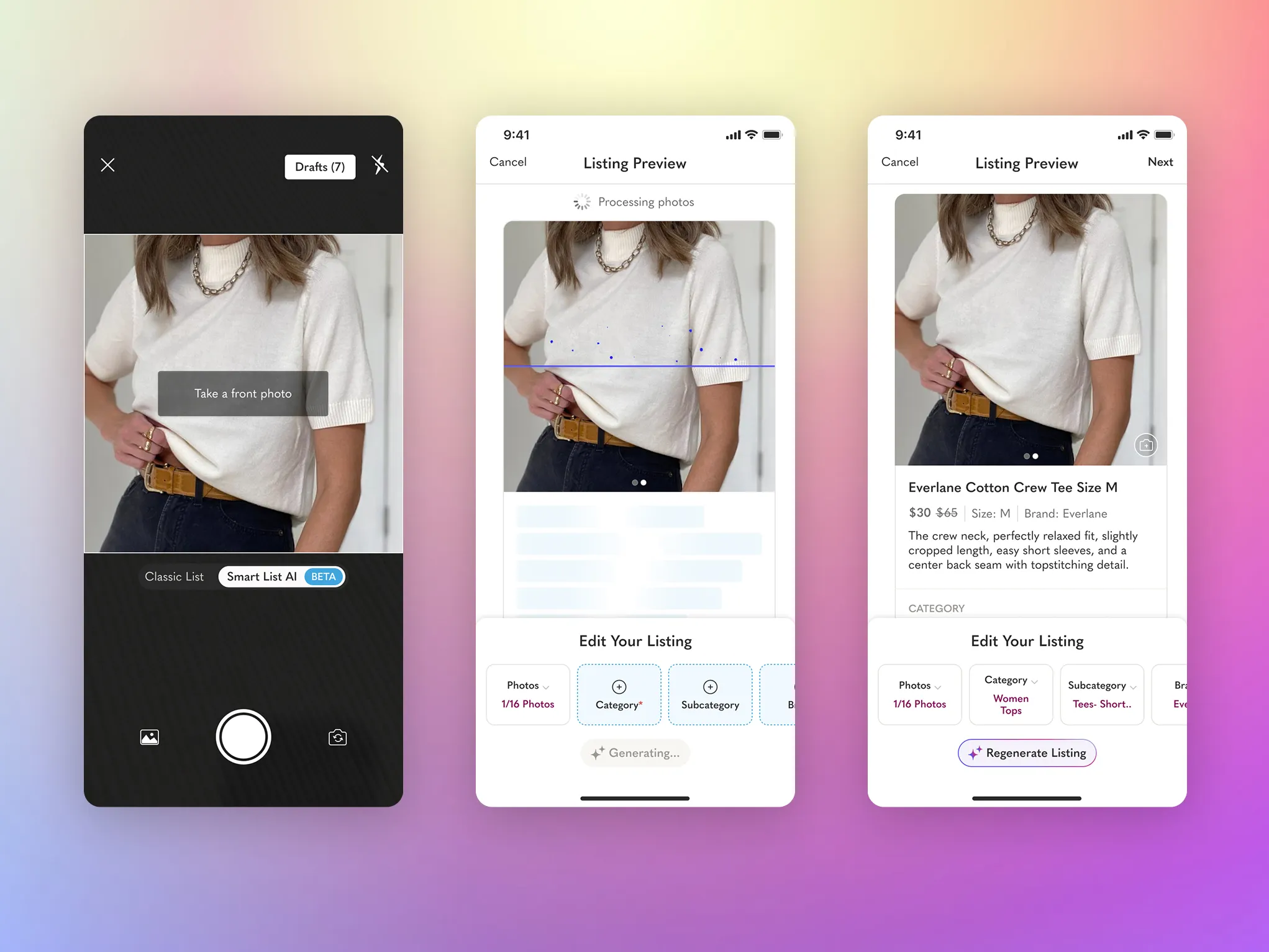 Smart List AI — three iPhone screens: camera with auto-detect, generated listing preview, confidence pills
