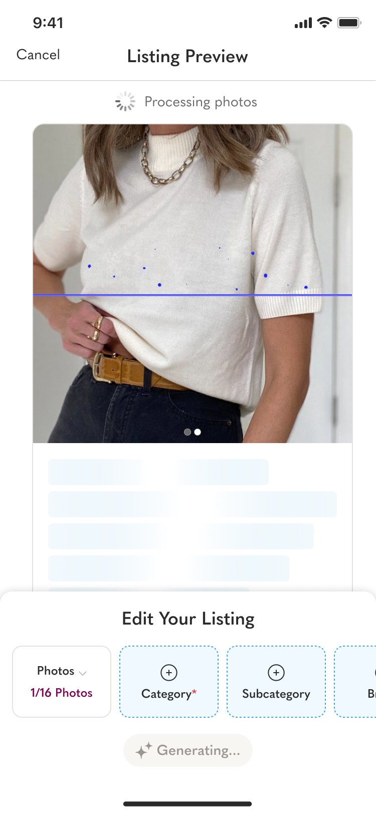 Smart List AI step 2 — category detected with guided photo angles and processing state
