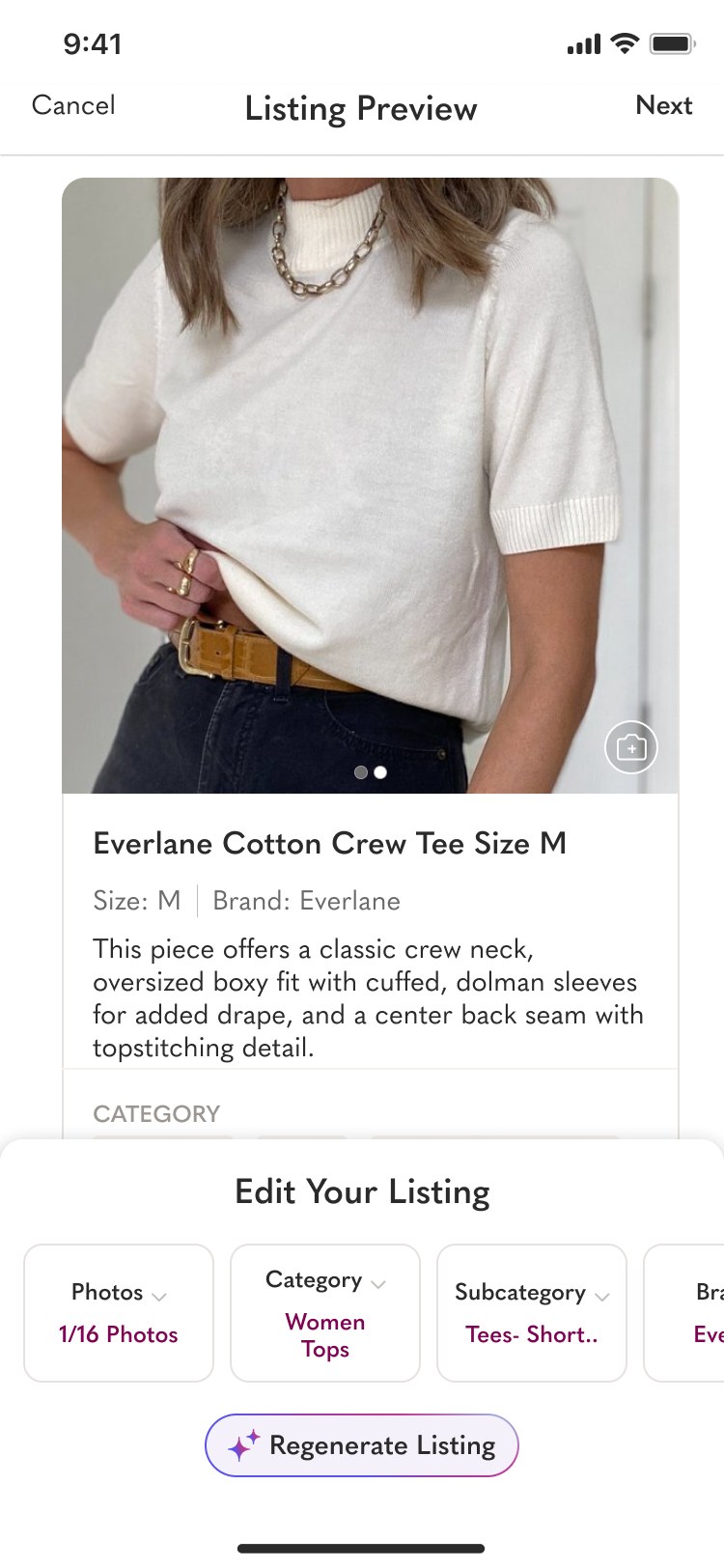 Smart List AI step 3 — generated listing preview with draft title and description